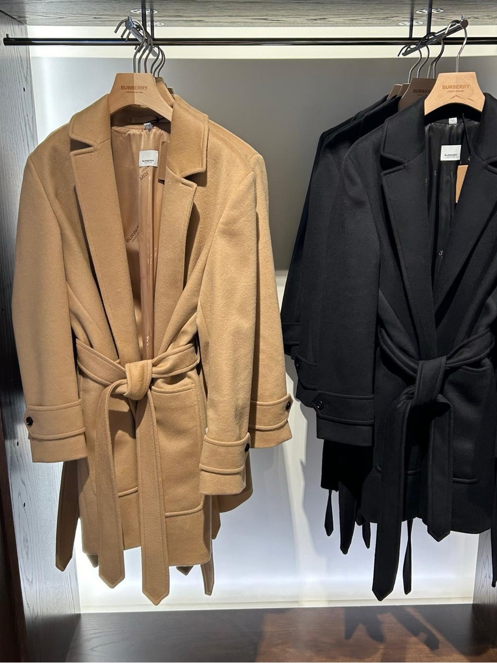 Burberry Camel & Black Belted Trench Coat Duo